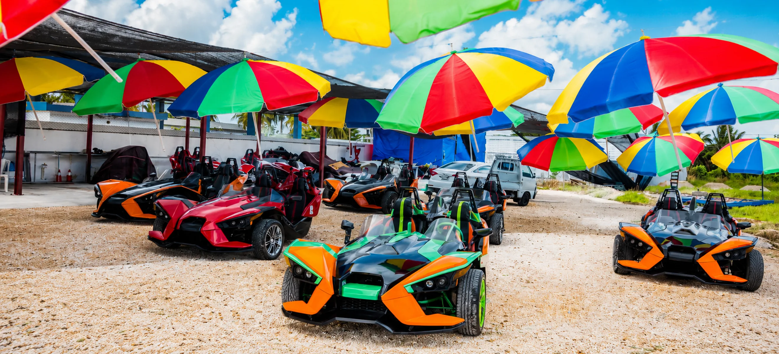 	Fleet of Polaris Slingshot vehicles at the Punta Cana Slingshot HUB in Macao, ready for a guided adventure through the scenic Nisibón countryside and Macao Beach.