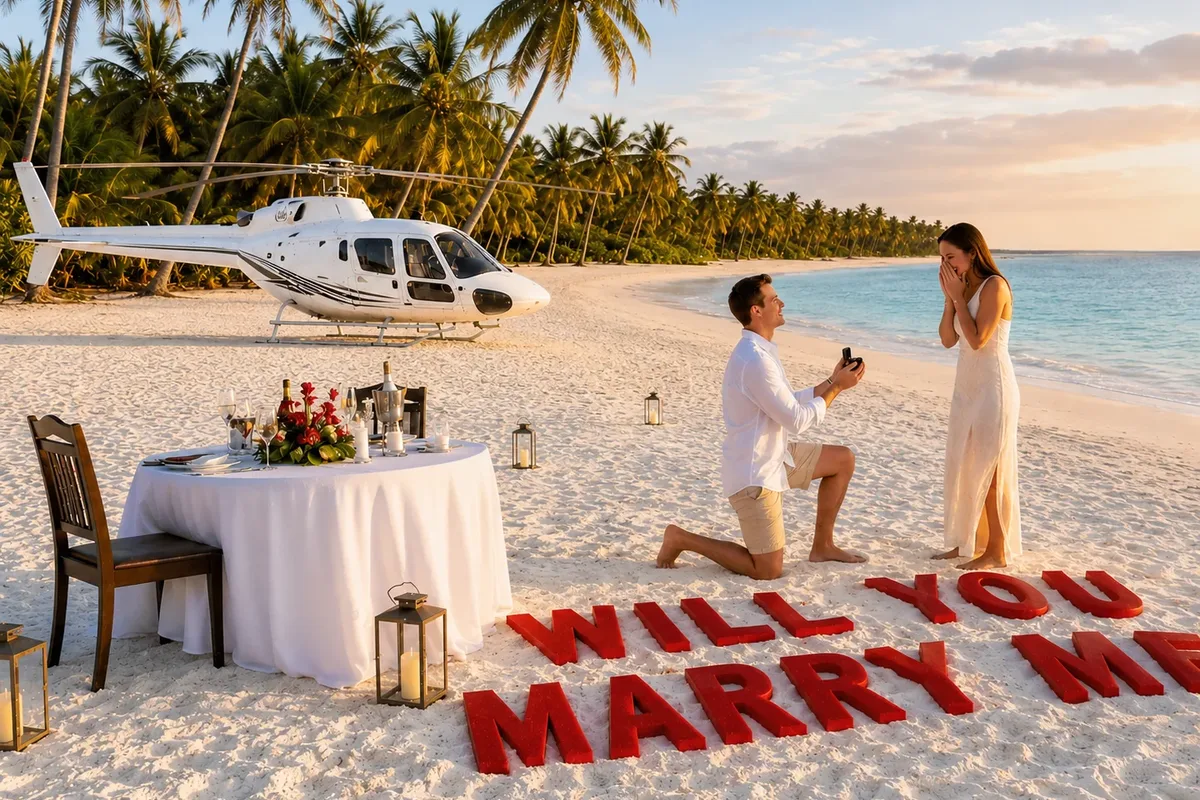 Helicopter beside a romantic beach proposal display in Punta Cana