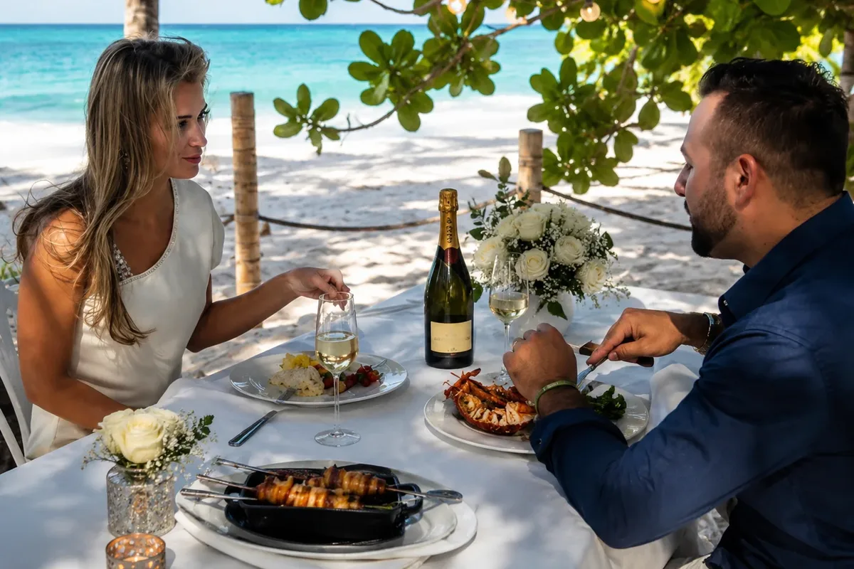 Couple enjoying a romantic beach dinner setup in Punta Cana