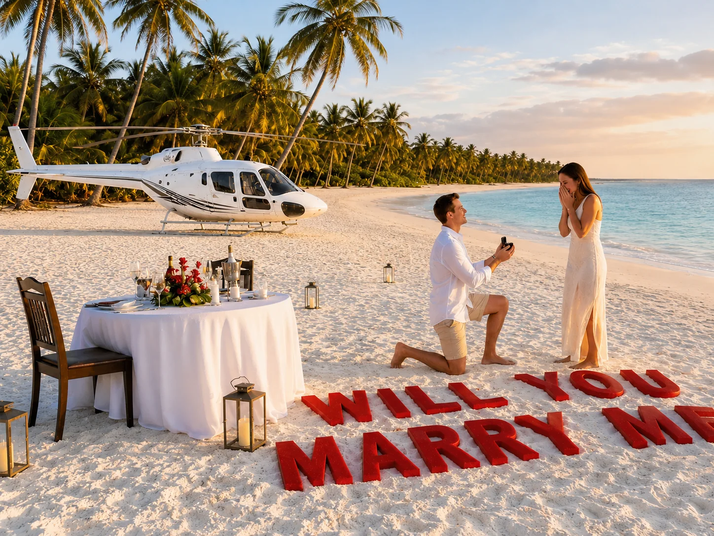 Man proposing beside a helicopter during a romantic sunset beach experience in Punta Cana.