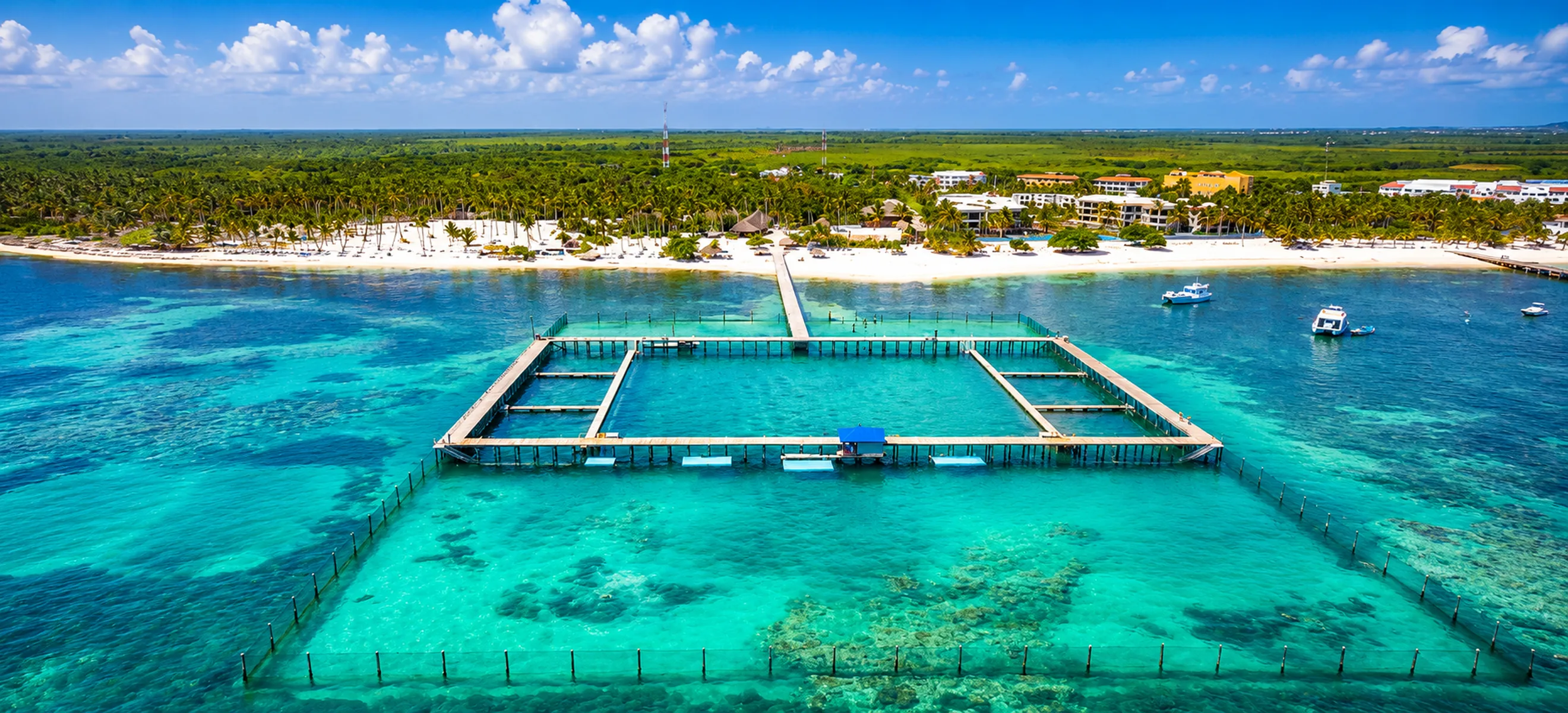 Aerial view of Dolphin Explorer marine facility and tropical coastline in Punta Cana
