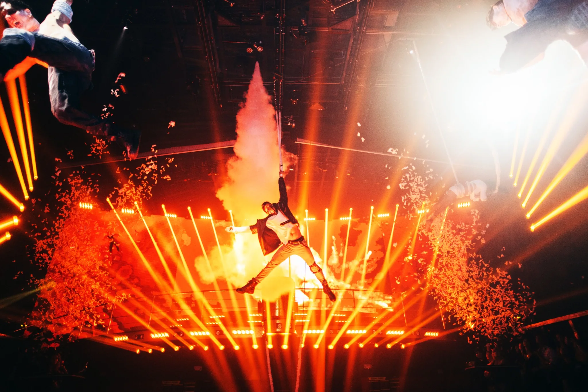 Aerial performer above the main stage at Coco Bongo Punta Cana