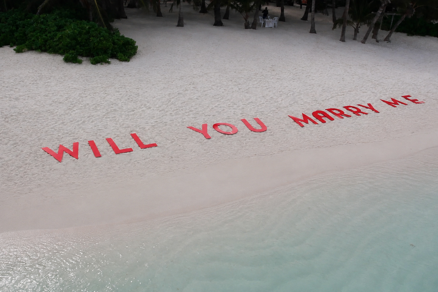 Will You Marry Me beach proposal setup viewed from above in Punta Cana