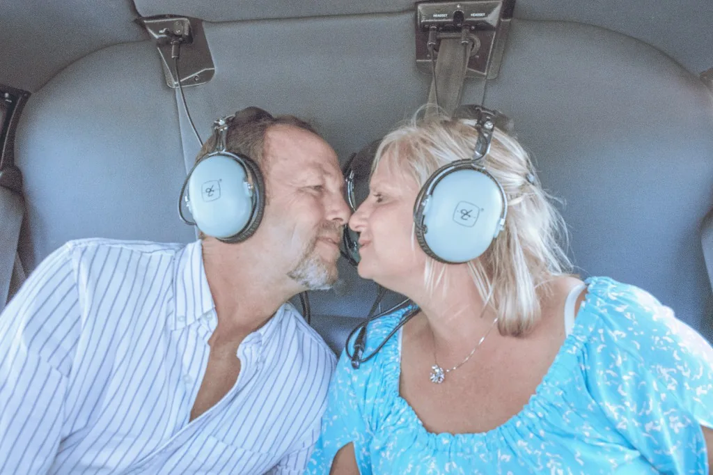 Couple enjoying a romantic helicopter flight in Punta Cana