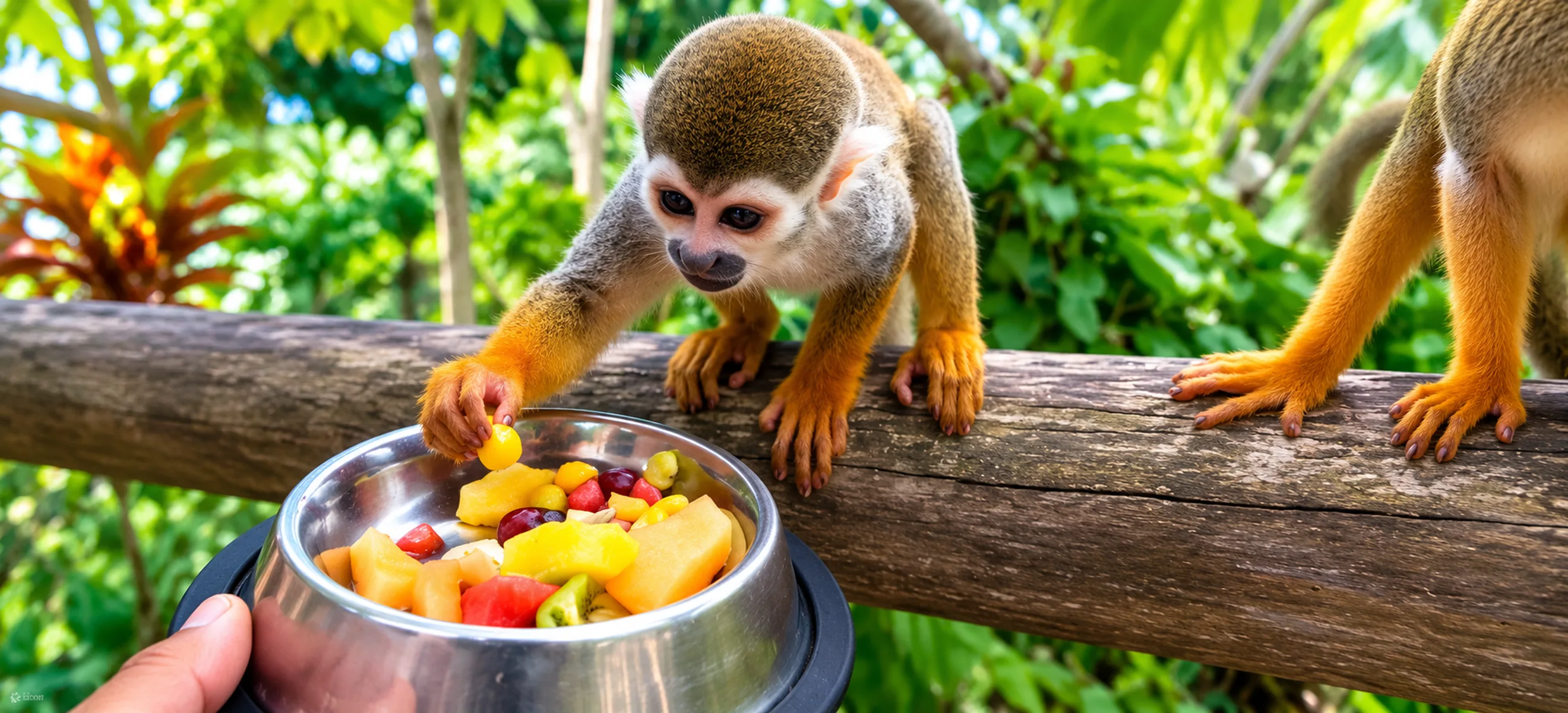Squirrel monkey eating fresh fruit during Monkeyland Punta Cana excursion