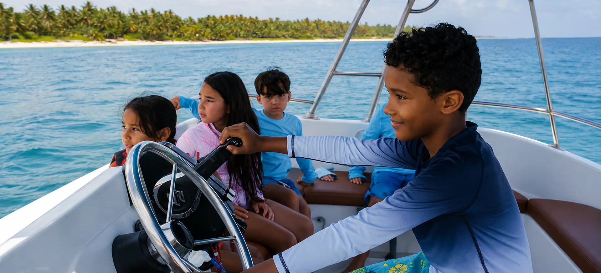 Children riding and steering a family catamaran boat in Punta Cana