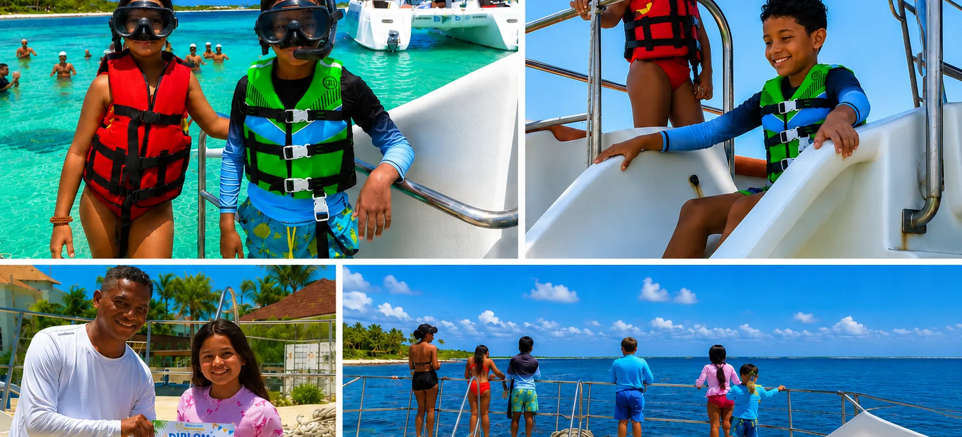 Family catamaran adventure collage in Punta Cana with snorkeling, boat slide, certificate, and ocean views