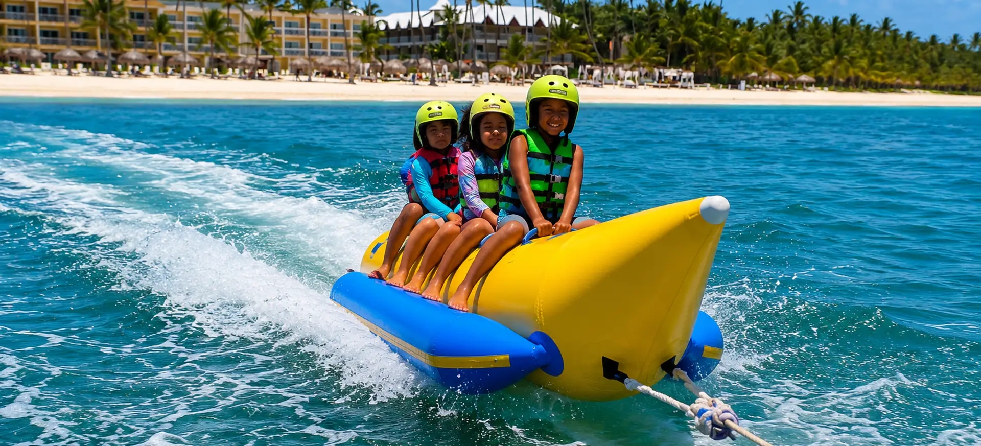 Children riding a banana boat on turquoise water in Punta Cana