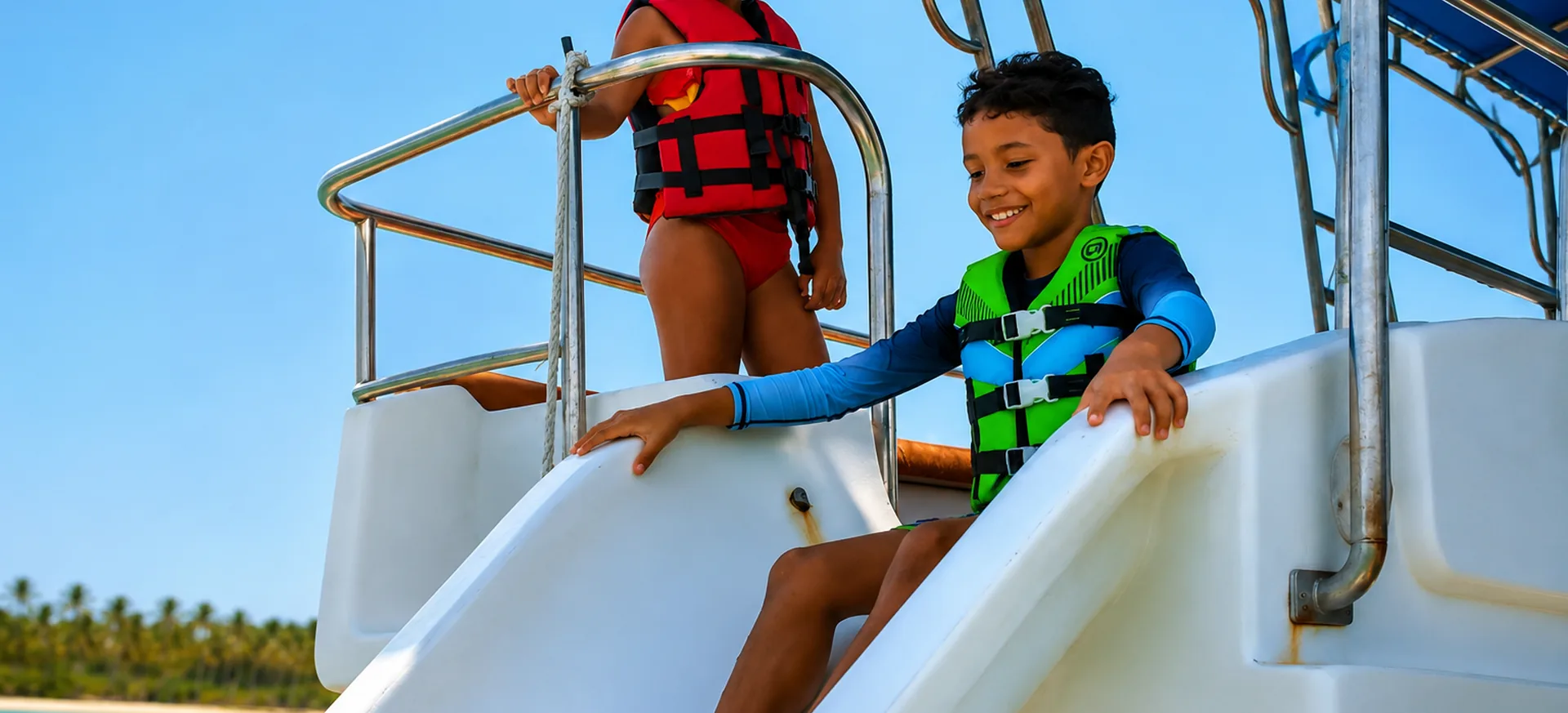 Children wearing life jackets and snorkel gear on a catamaran boat slide in Punta Cana