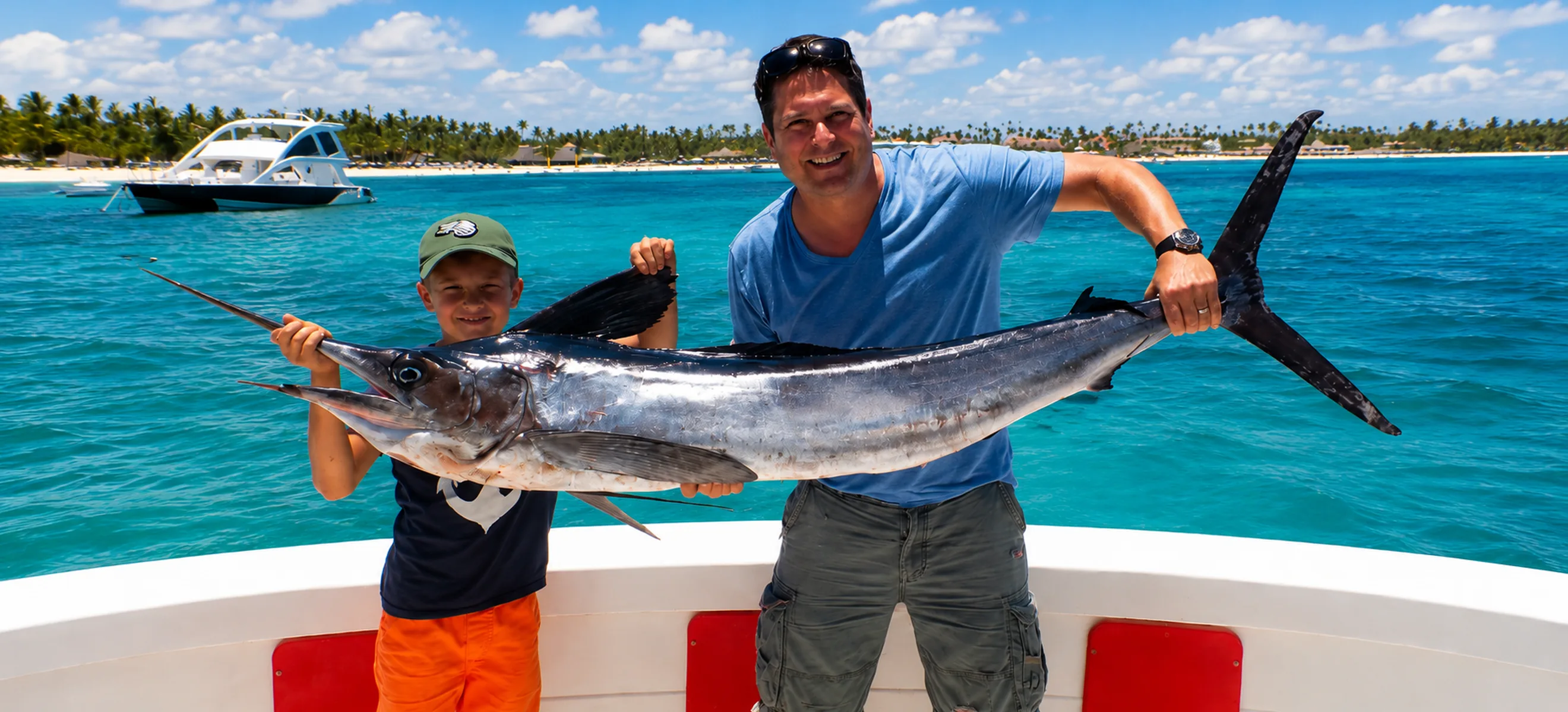 Father and son holding large wahoo during Punta Cana deep sea fishing excursion
