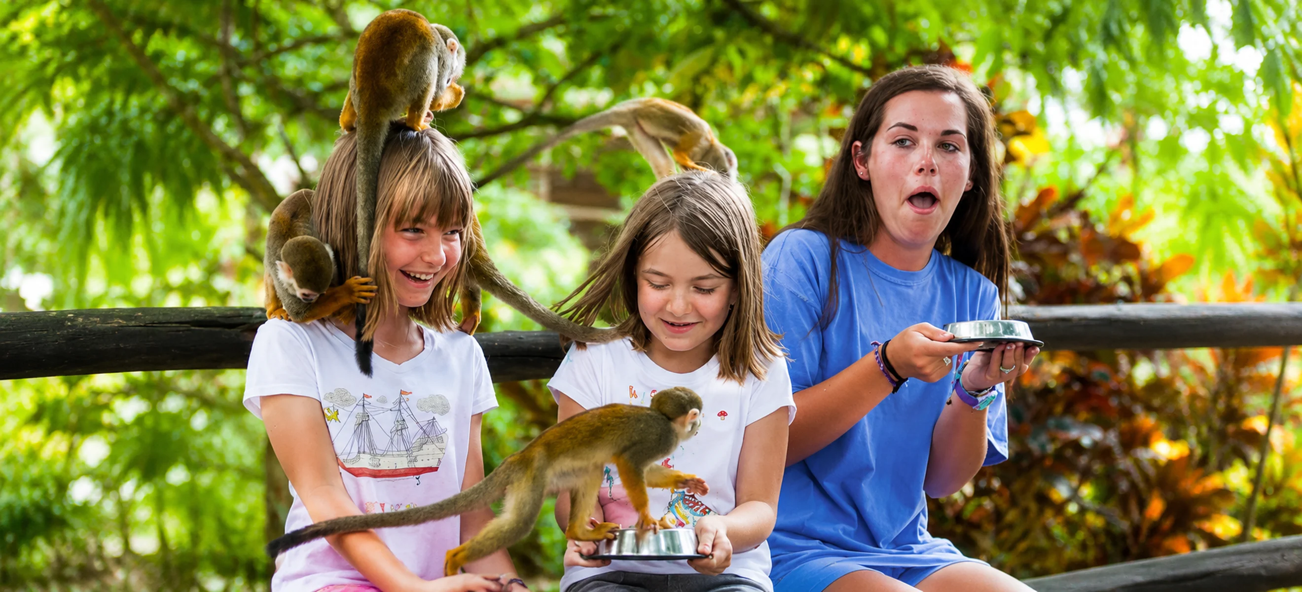 Children and family interacting with squirrel monkeys at Monkeyland Punta Cana