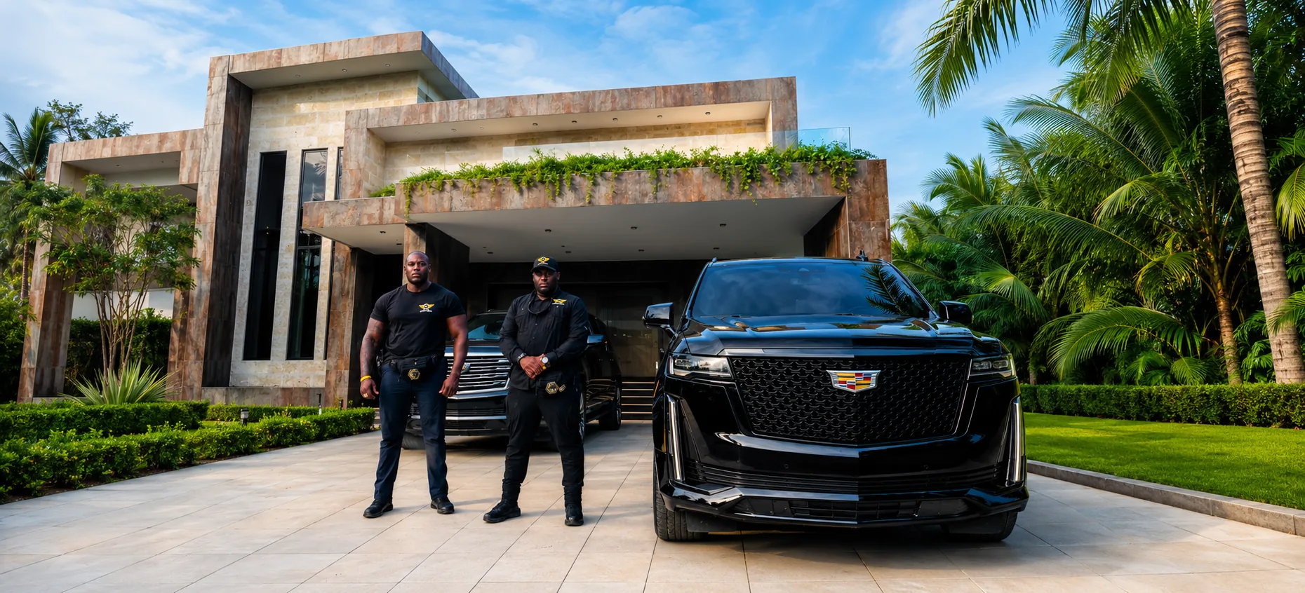Luxury villa entrance with security staff and Cadillac SUV