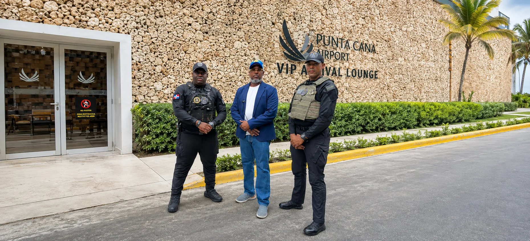 Security team and guest outside Punta Cana Airport VIP Arrival Lounge