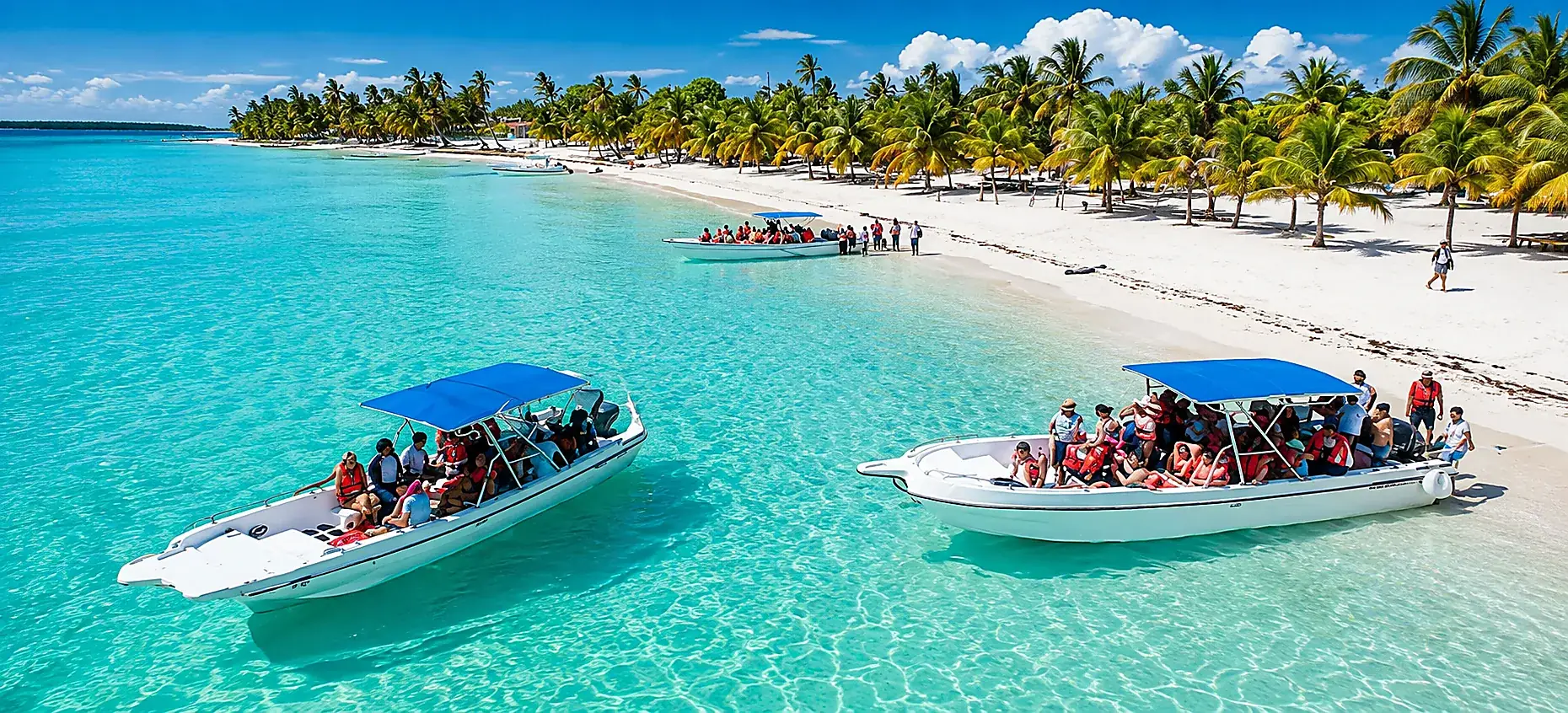 Saona Island speedboat excursion near white sand beach and turquoise water