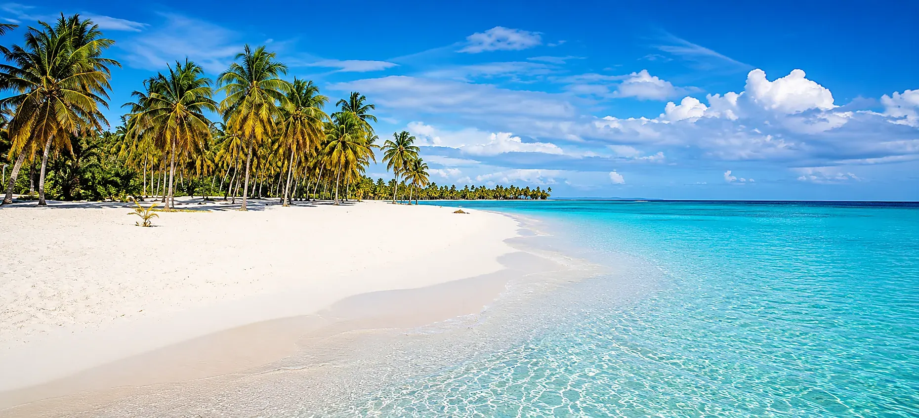 Saona Island beach with palm hut, lounge chairs, and turquoise shoreline