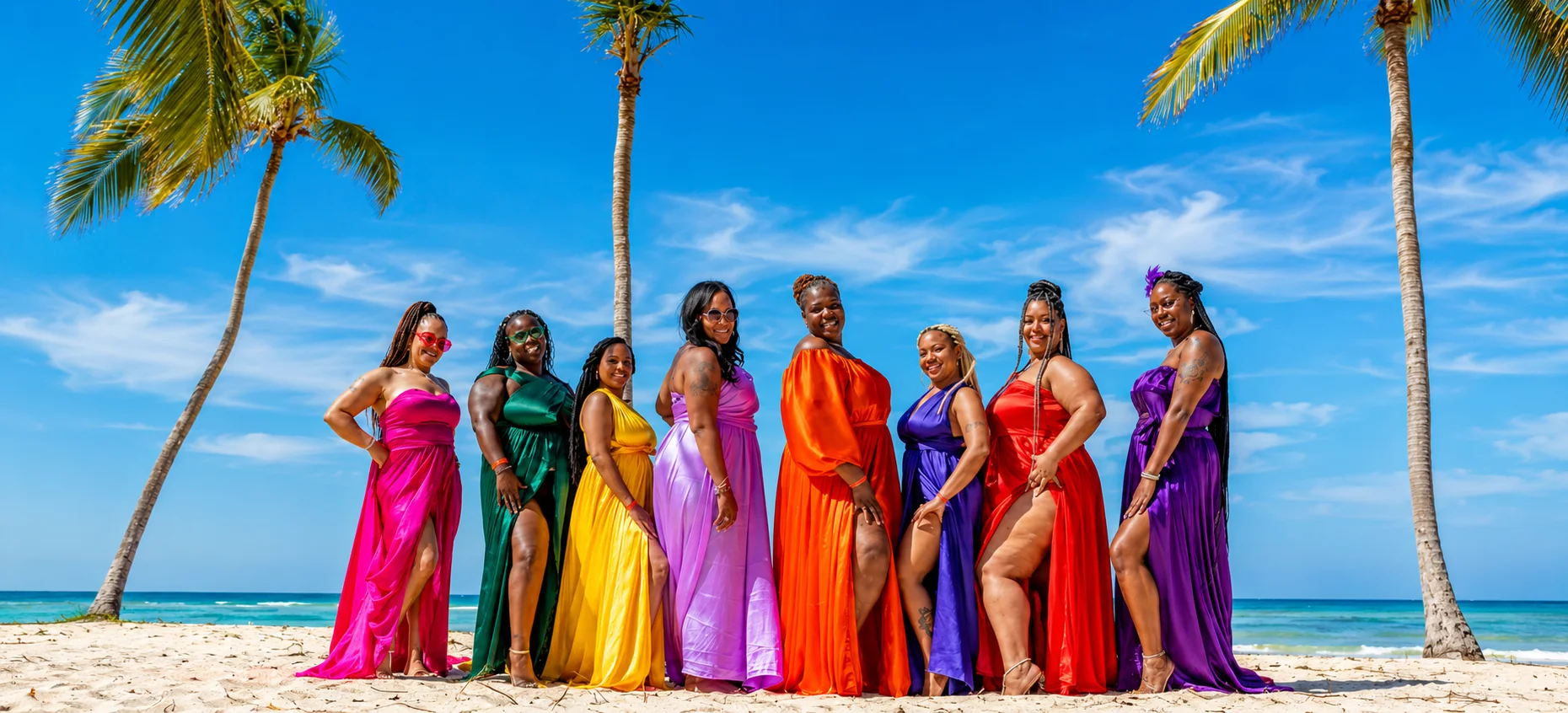 Group of women in colorful dresses posing on a tropical Punta Cana beach