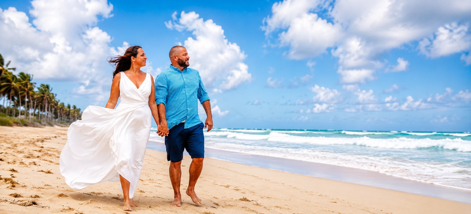 Couple walking hand in hand on a scenic Punta Cana beach beside turquoise Caribbean water