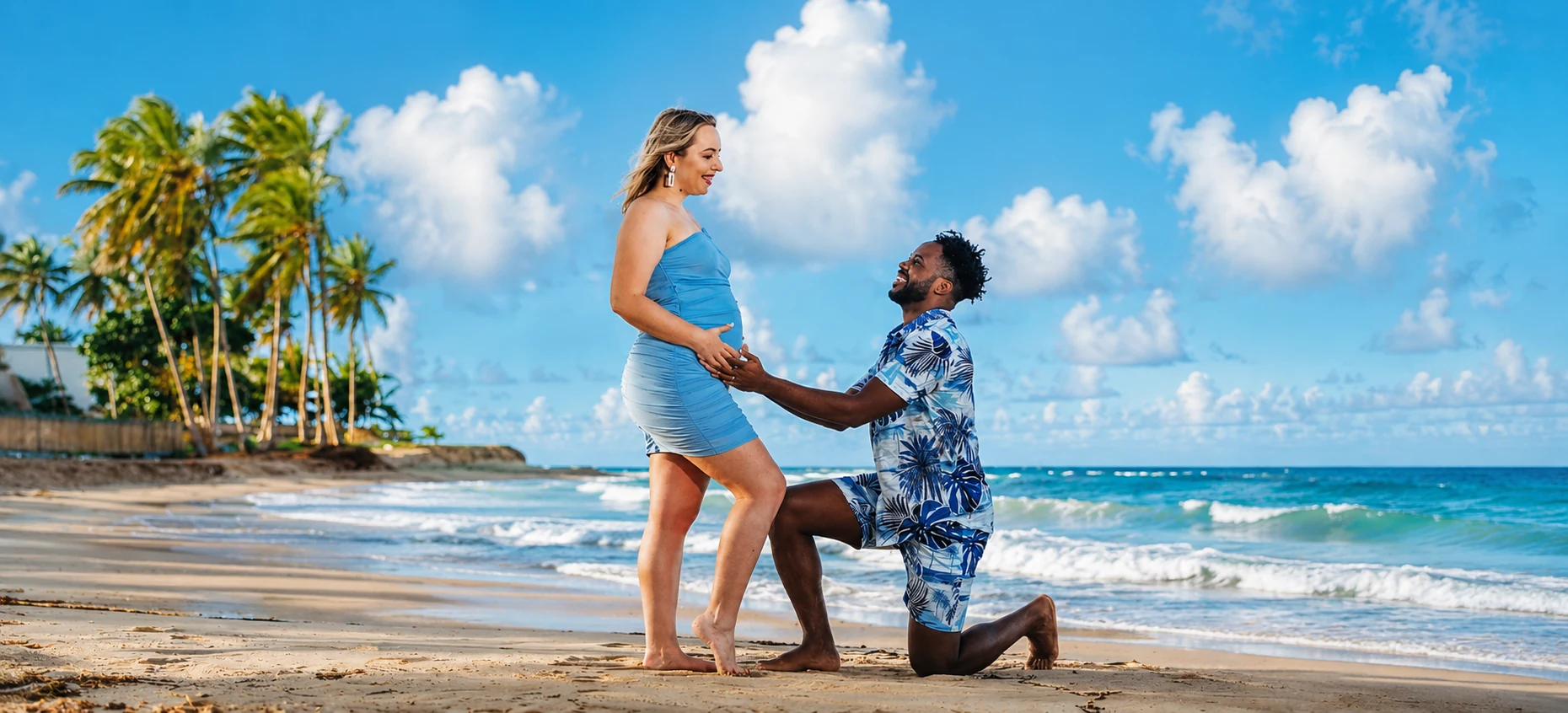 Couple celebrating a pregnancy on a tropical Punta Cana beach with palm trees and turquoise water
