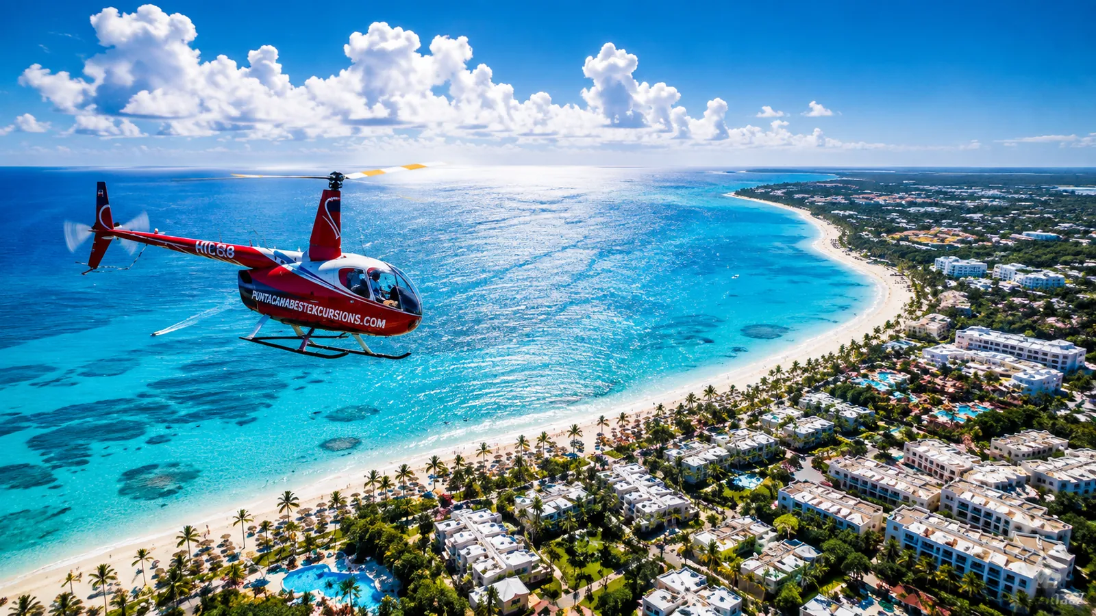 Punta Cana helicopter excursion flying above beach resorts and Caribbean water