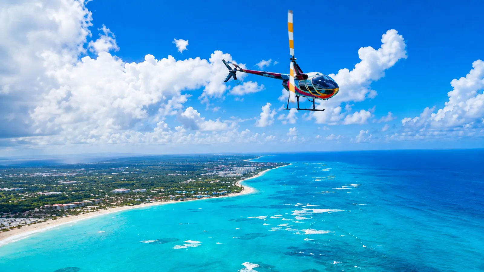 Helicopter flying over the Punta Cana coastline and turquoise Caribbean Sea