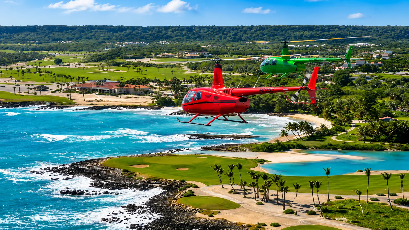 Helicopters flying over Punta Cana coastline and tropical golf course