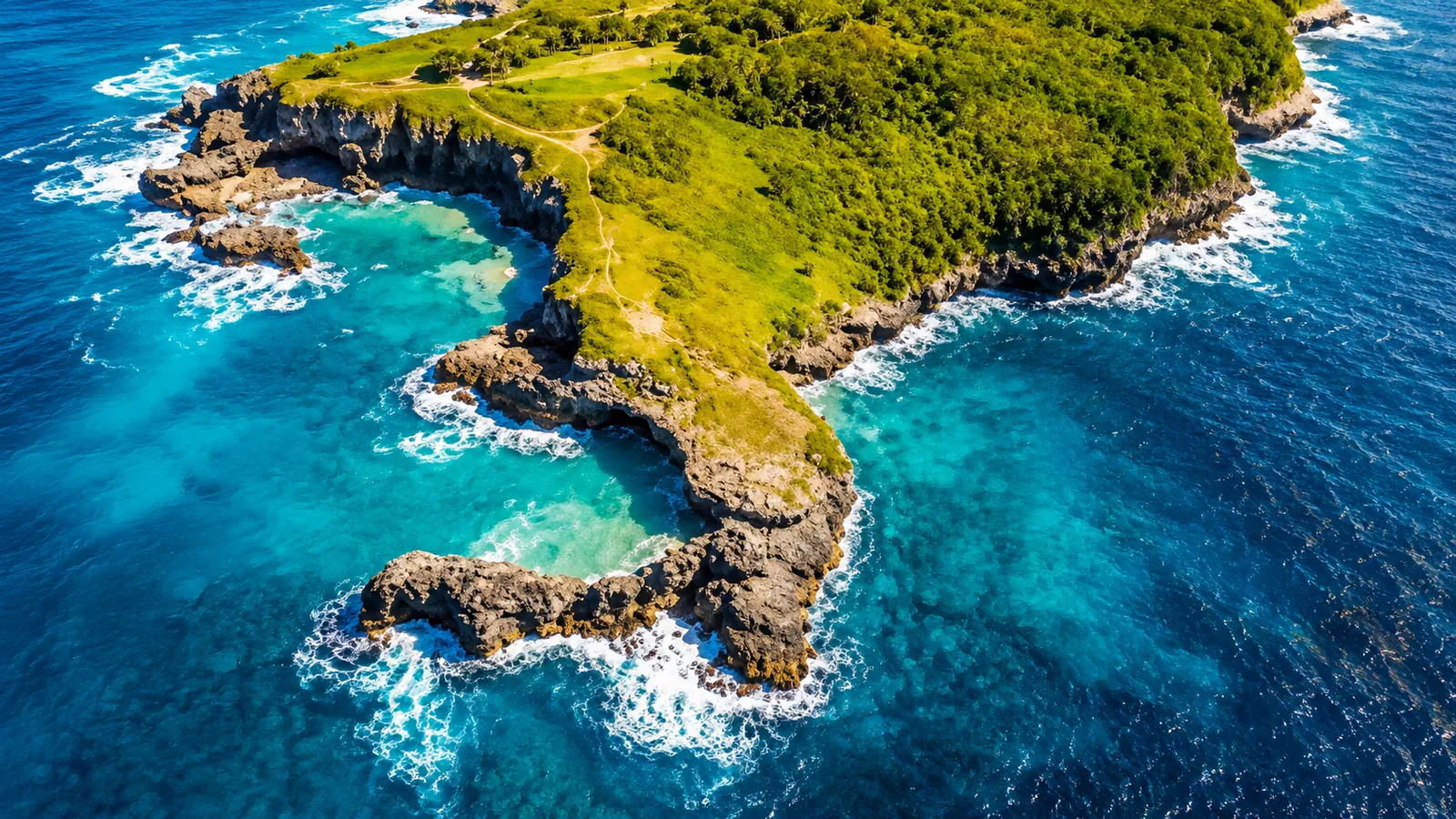 Aerial view of Punta Cana tropical coastline with rocky cliffs and turquoise water