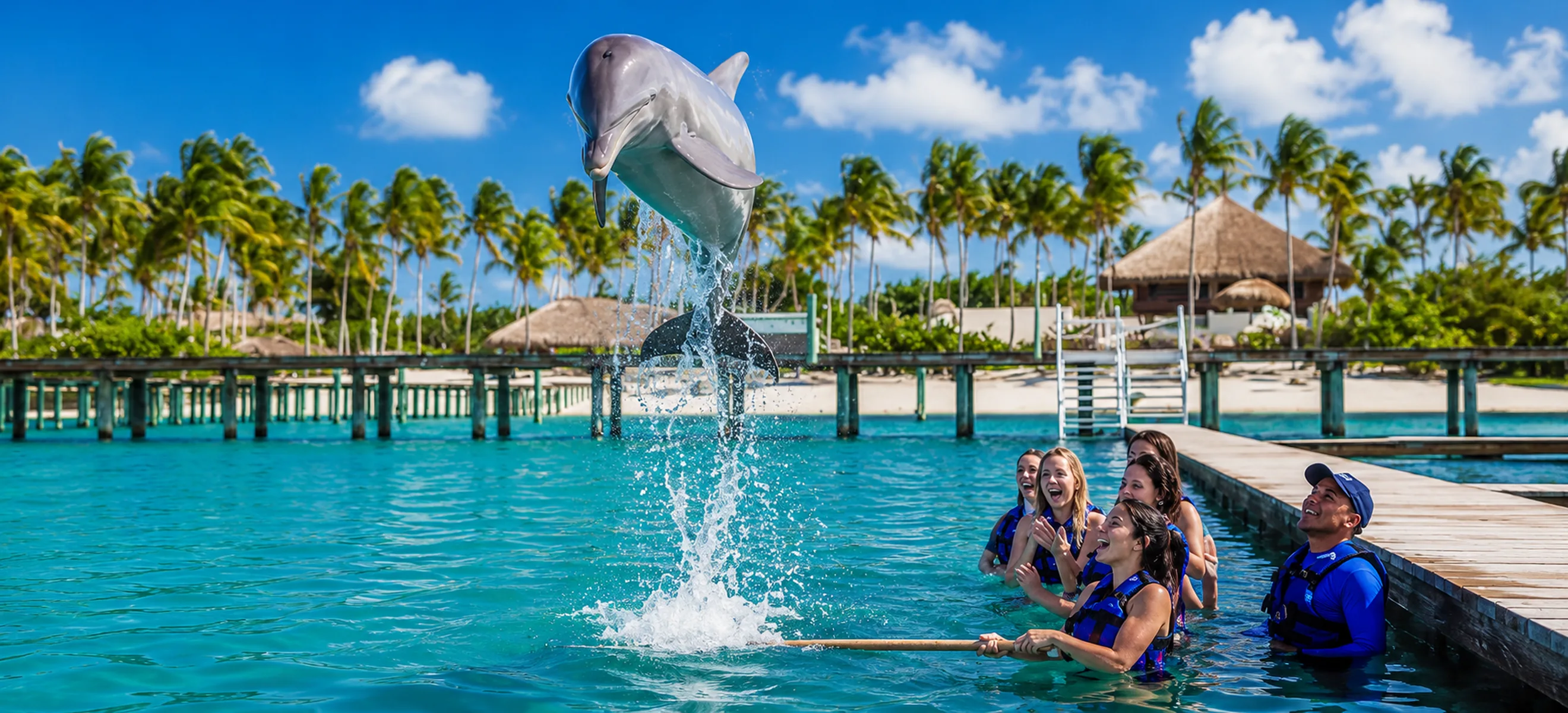 olphin show with guests at tropical marine park in Punta Cana