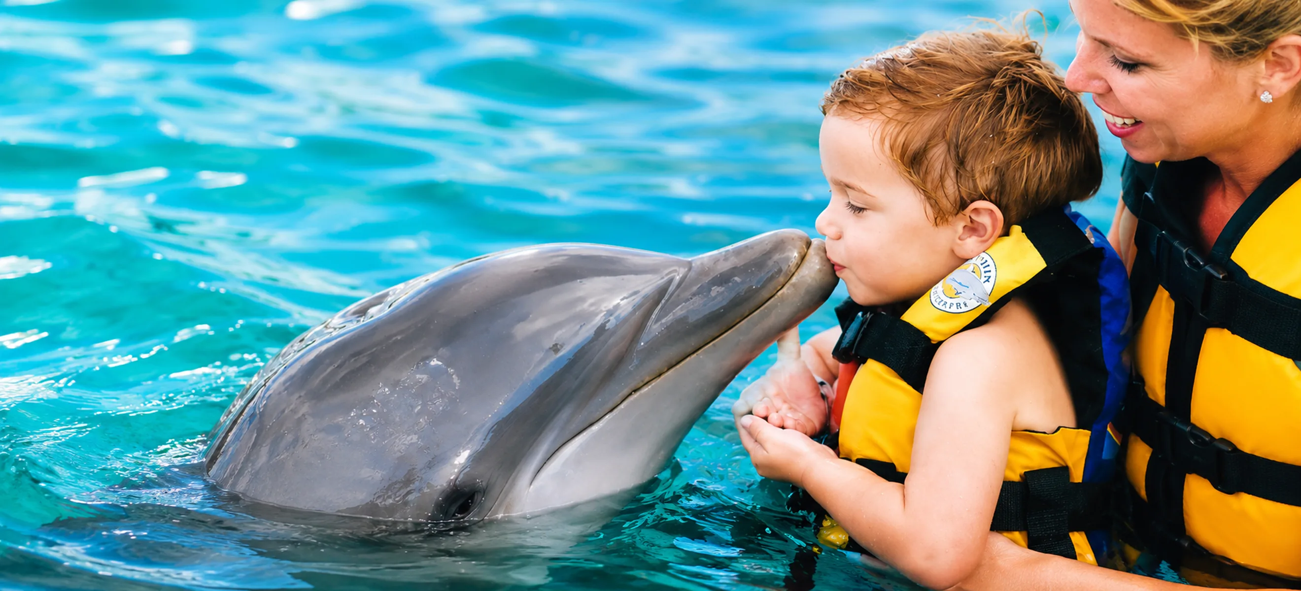 Family dolphin encounter with child during Dolphin Funtastic experience in Punta Cana