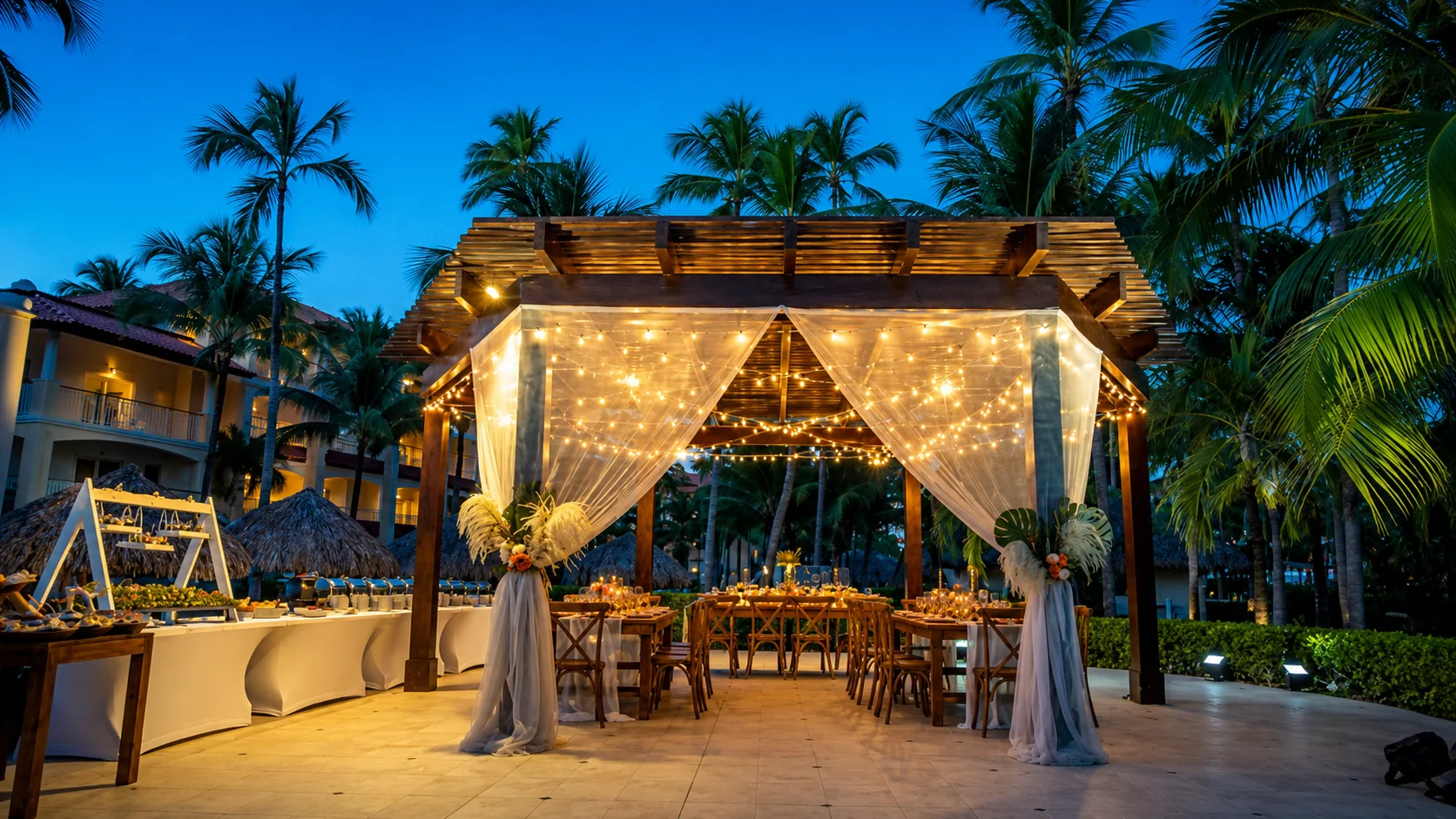 Majestic Elegance Punta Cana outdoor dining venue with tropical evening lights