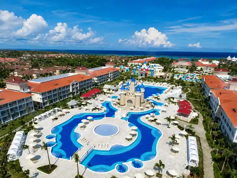 Aerial view of Nickelodeon Punta Cana resort pools and tropical grounds