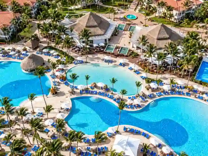 Aerial view of Bahia Principe Luxury Esmeralda swimming pools and tropical resort in Punta Cana