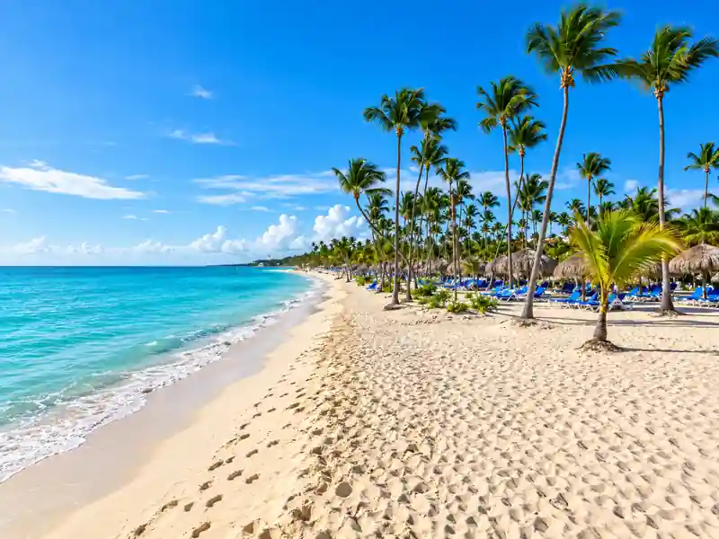 Bahia Principe Luxury Esmeralda tropical beach with palm trees and turquoise water in Punta Cana