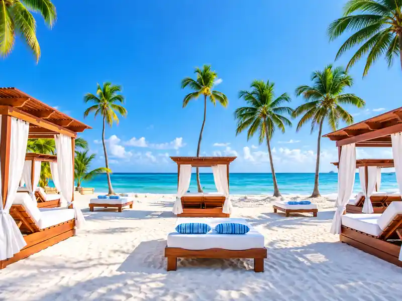 Luxury beachfront cabanas with palm trees and turquoise Caribbean Sea in Punta Cana