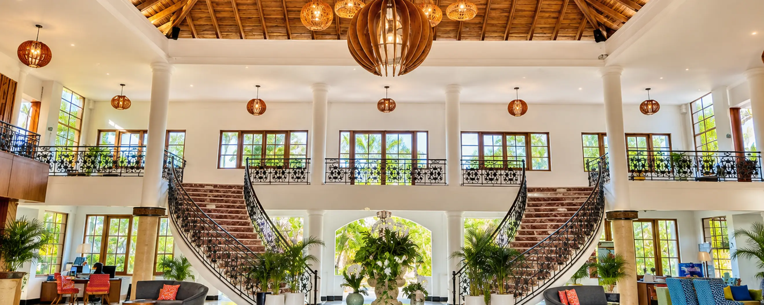 Luxury Punta Cana resort lobby with tropical design and grand staircase