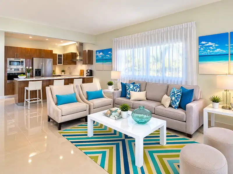 Modern Punta Cana resort suite with living room, full kitchen and tropical decor