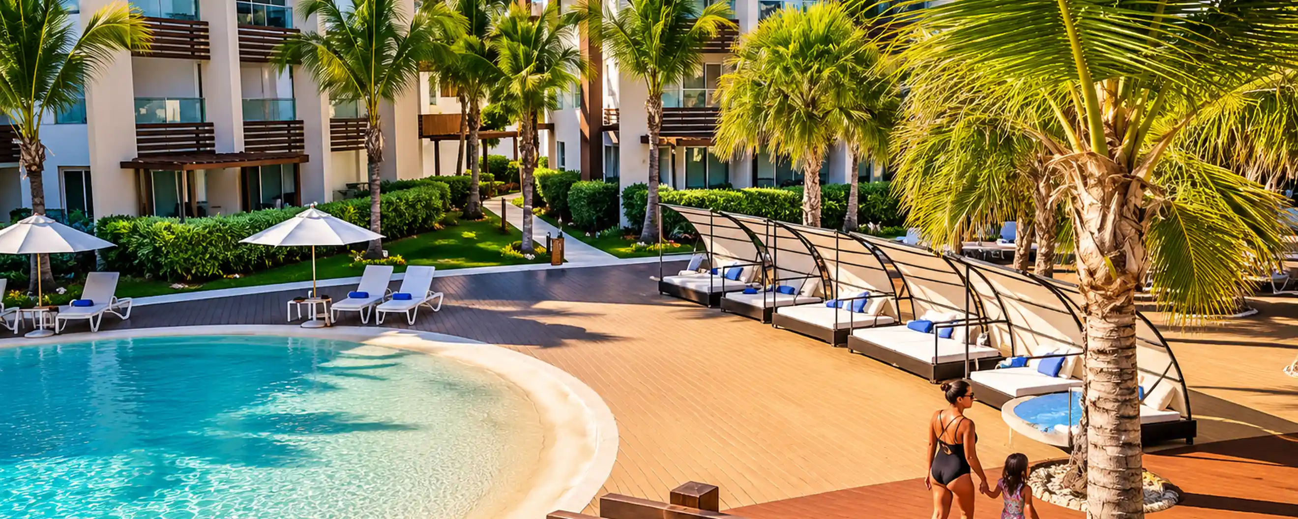 Punta Cana tropical resort pool with family-friendly accommodations and palm trees