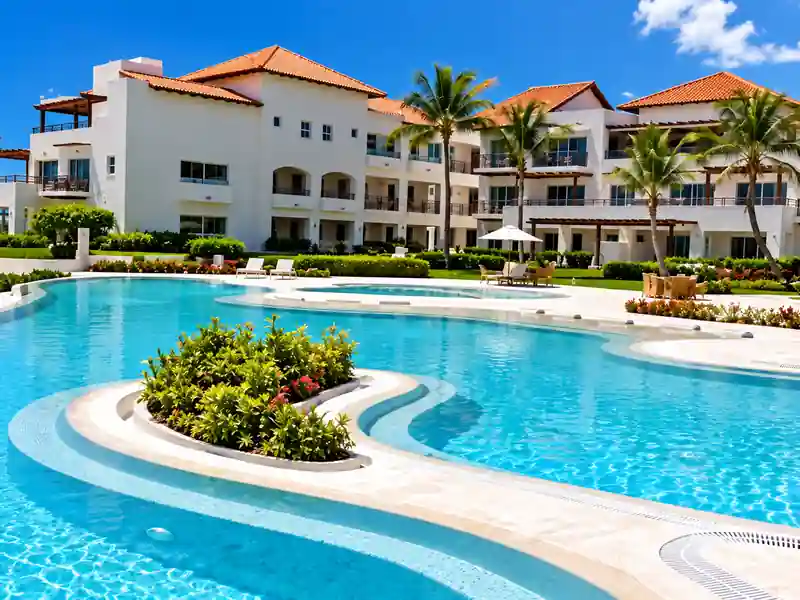 Luxury Punta Cana resort lagoon swimming pool with tropical palm trees and resort buildings