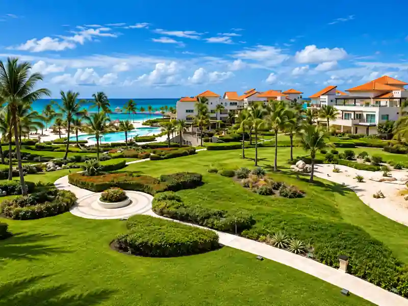 Luxury beachfront resort with tropical gardens, palm trees and Caribbean Sea in Punta Cana