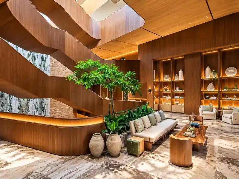 Luxury Punta Cana resort lobby with modern wood interior, tropical greenery and elegant seating