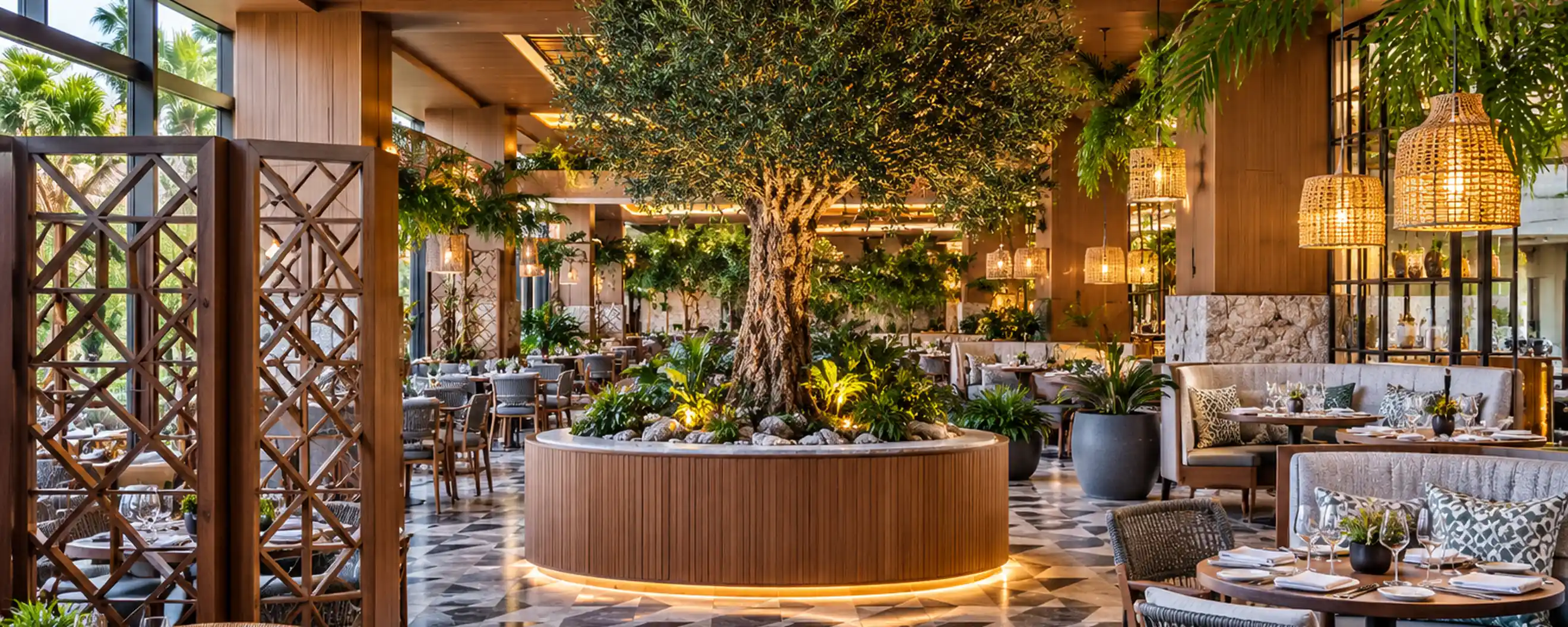 Luxury tropical resort restaurant with elegant indoor dining and lush greenery in Punta Cana