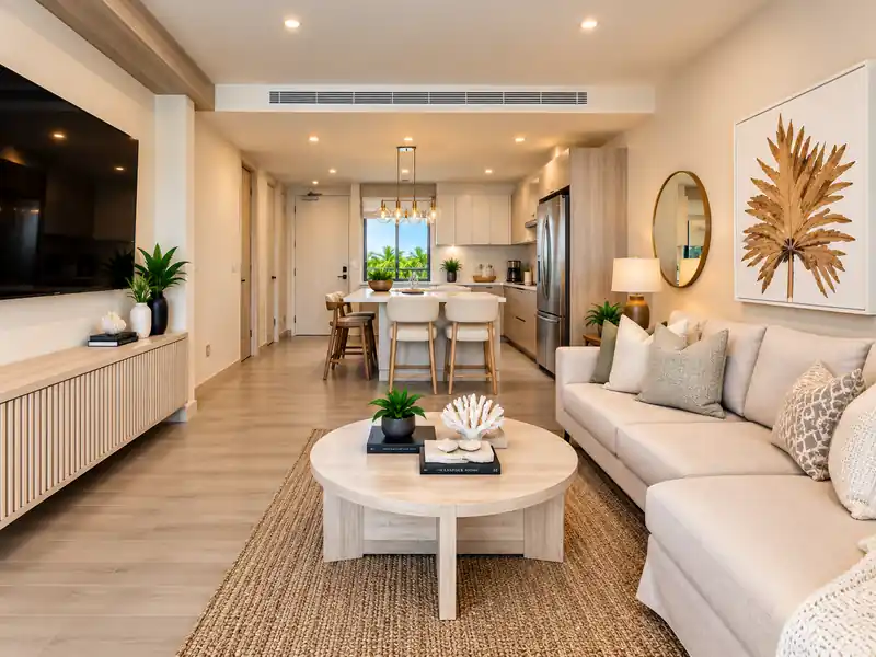 Luxury Punta Cana condo living room with modern kitchen and tropical interior design