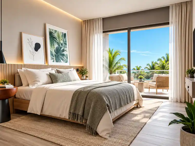 Luxury Punta Cana resort bedroom with tropical balcony and ocean view