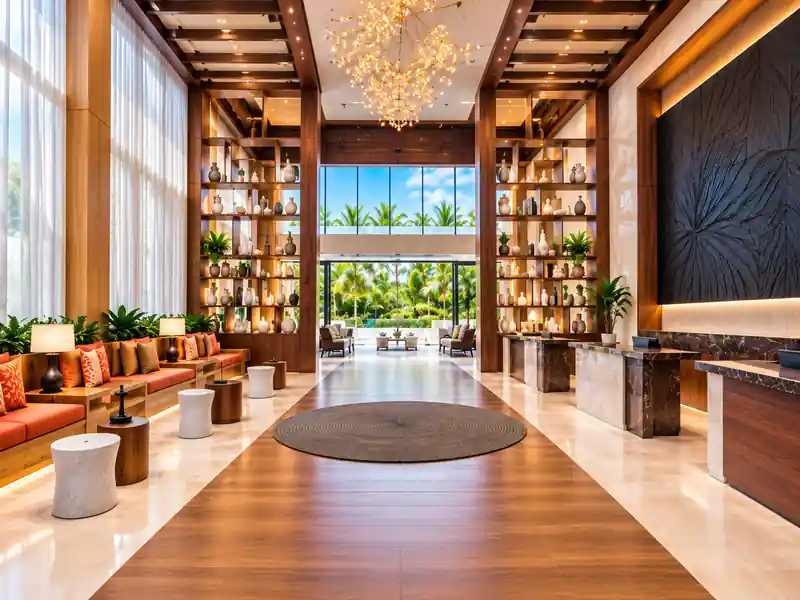 Luxury Punta Cana resort lobby with modern tropical design and elegant wood interior