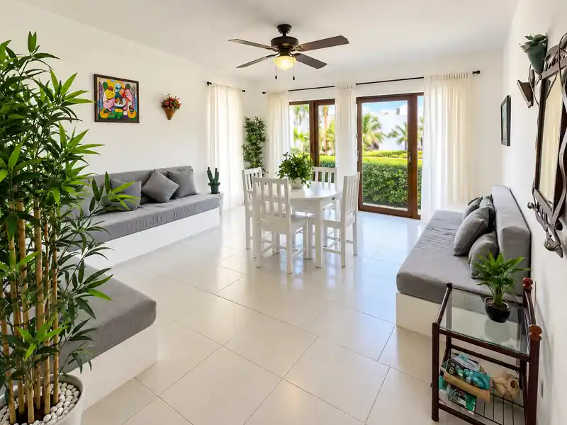 Bright Punta Cana condo living and dining room with tropical garden view