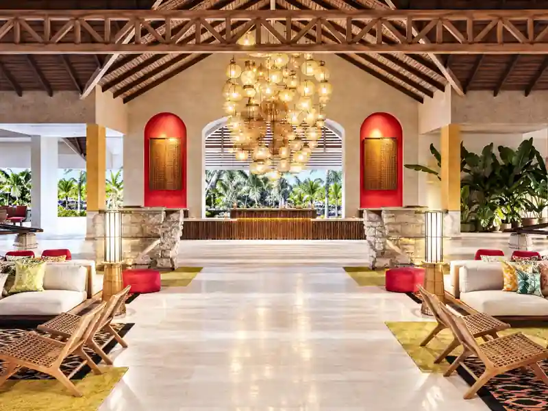 Elegant open-air lobby at Caribe Deluxe Princess resort in Punta Cana.