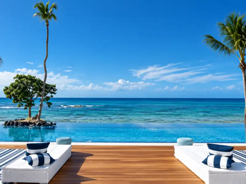 Casa de Campo infinity pool overlooking the turquoise Caribbean Sea with palm trees and luxury loungers