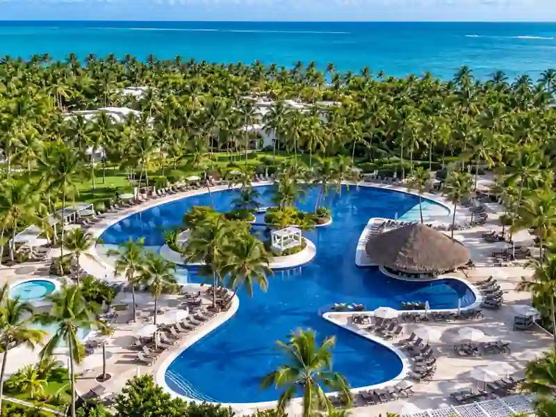 Catalonia Royal Bavaro resort pool surrounded by tropical palm trees with Caribbean Sea views.