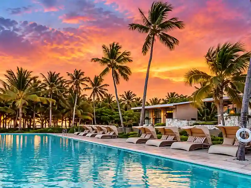 Catalonia Royal Bavaro resort pool at sunset surrounded by tropical palm trees and luxury loungers.