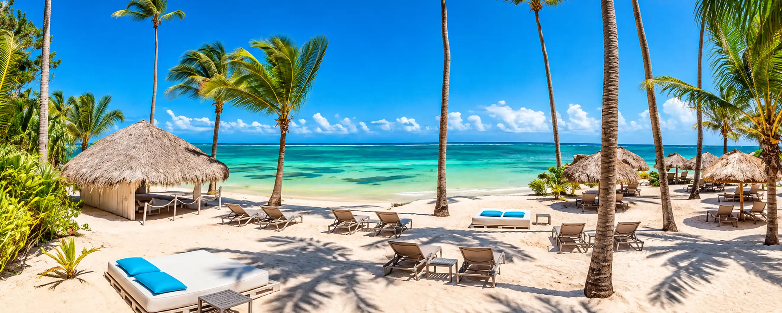 Catalonia Bavaro Royal tropical beach with palm trees, beachfront loungers and turquoise Caribbean water.