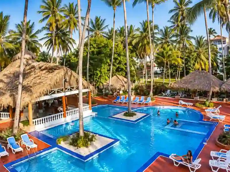Cortecito Inn Punta Cana tropical swimming pool with palm trees and thatched cabanas